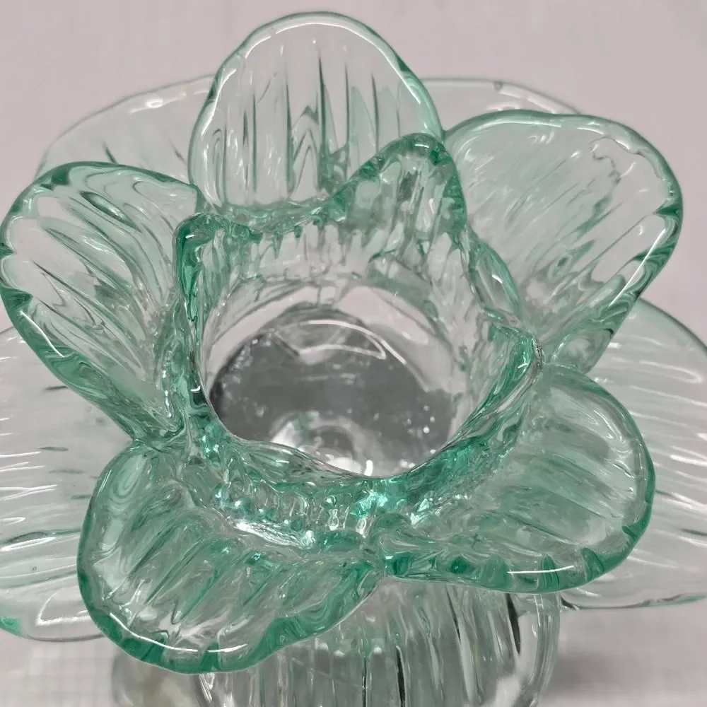 Vintage Teal Recycled Glass Footed Lotus Flower Candle Holder Art Deco Boho